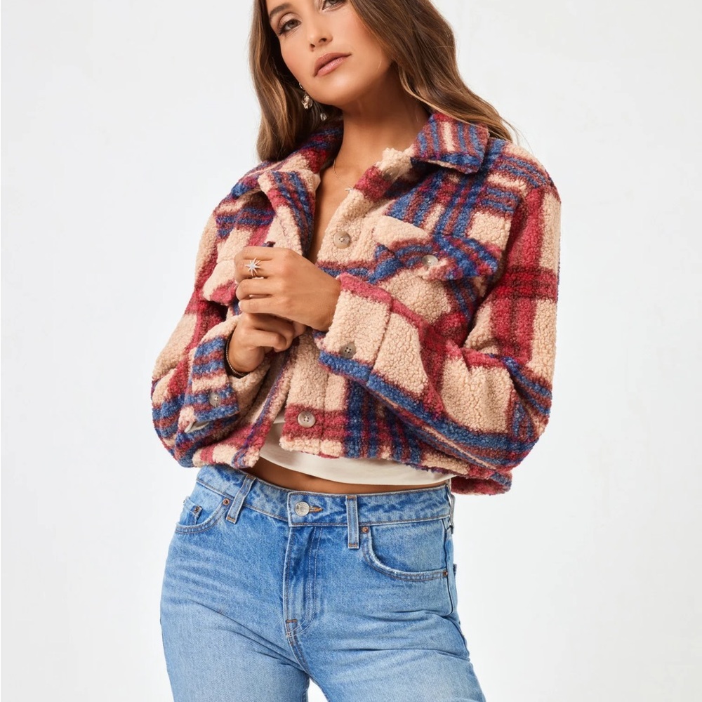 L*Space Big Sur Cropped Plaid Sherpa Jacket Size Large NEW